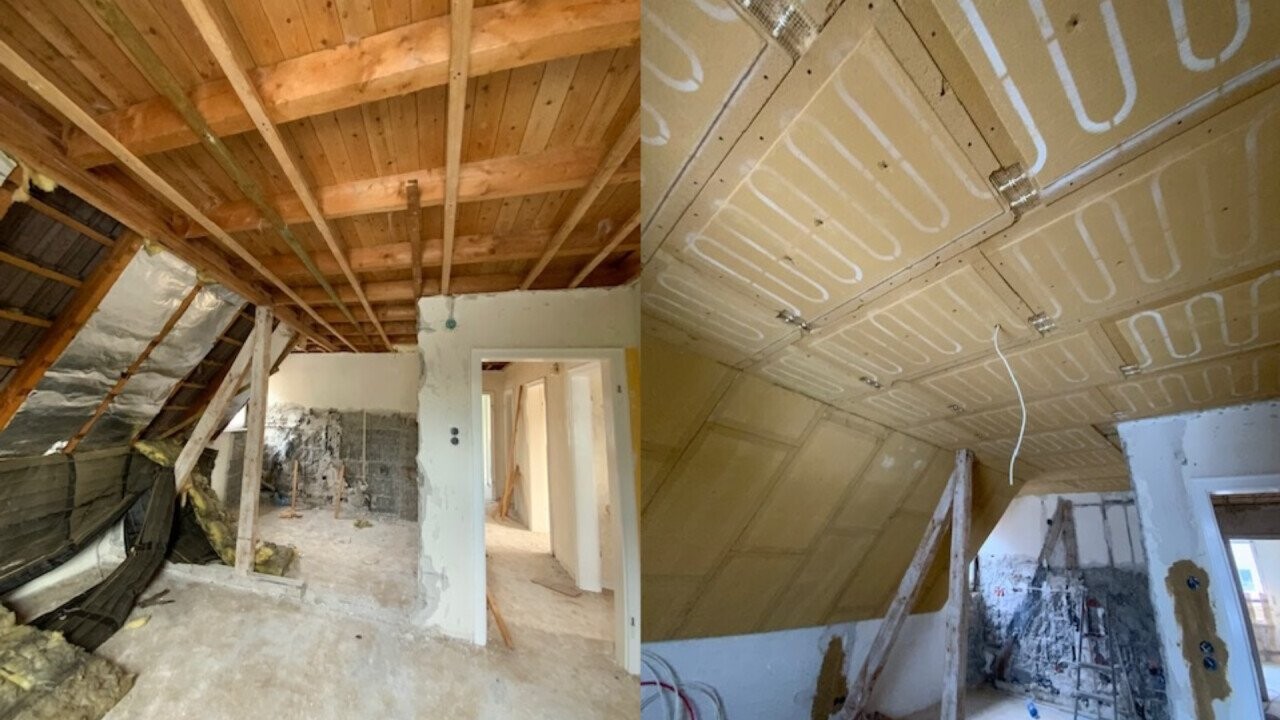 before - after: A panel heating/ceiling heating system under construction 