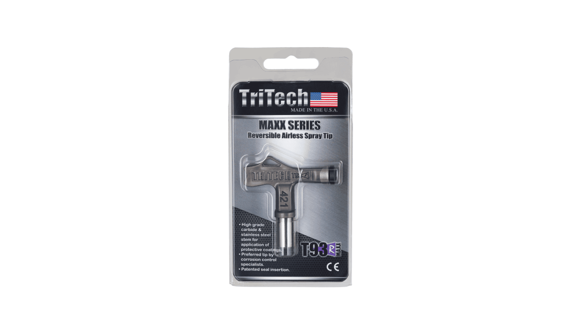 Eine umkehrbare Airless-Spritzspitze der TriTech MAXX-Serie T93R in ihrer Verpackung mit Produktdetails und der amerikanischen Flagge mit „Made in the USA“ auf dem Etikett.