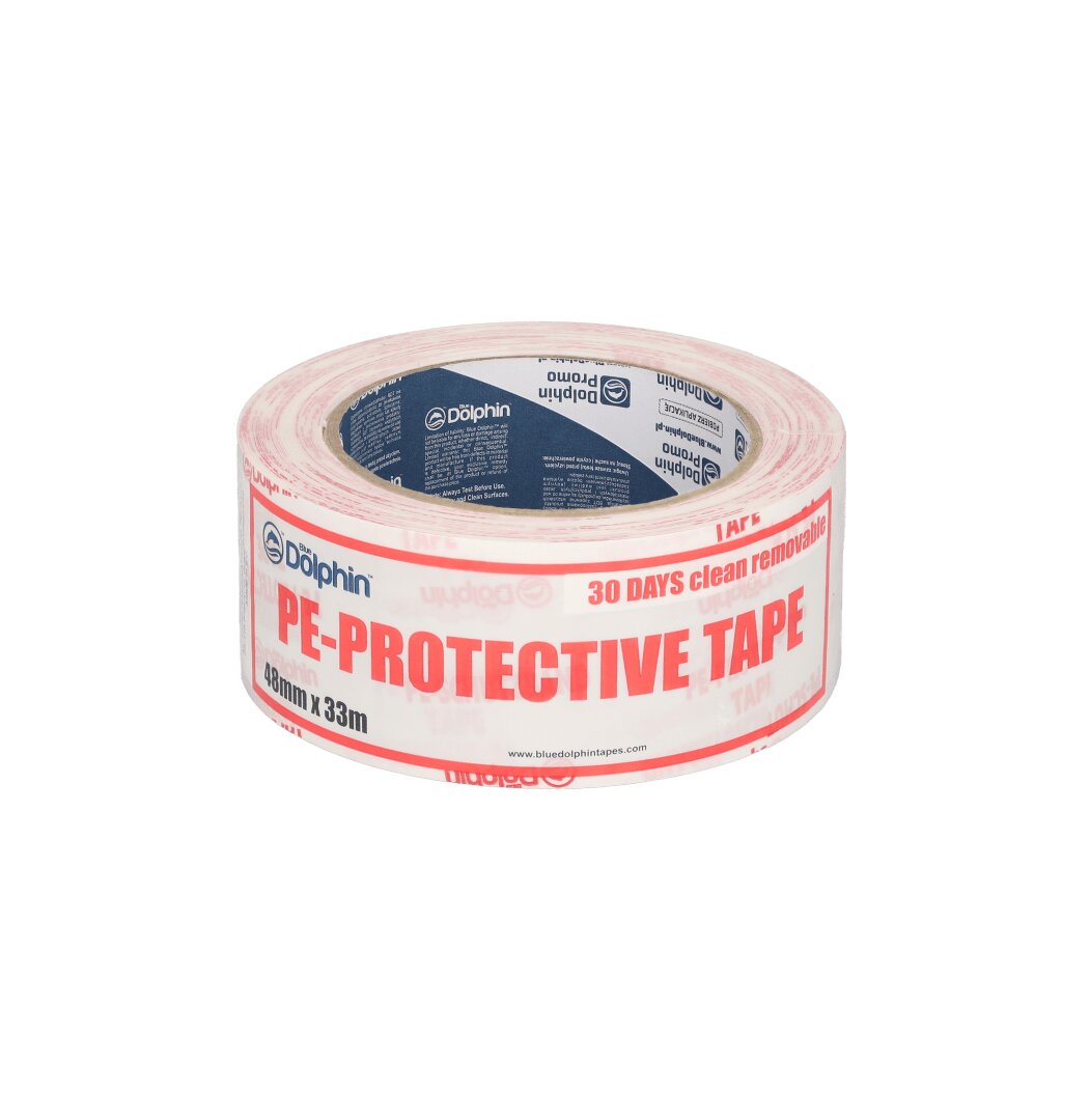 A roll of Dolphin-branded PE-protective tape with 30 DAYS clean removal printed on the label. The tape measures 48mm x 33m and has a white and red design.