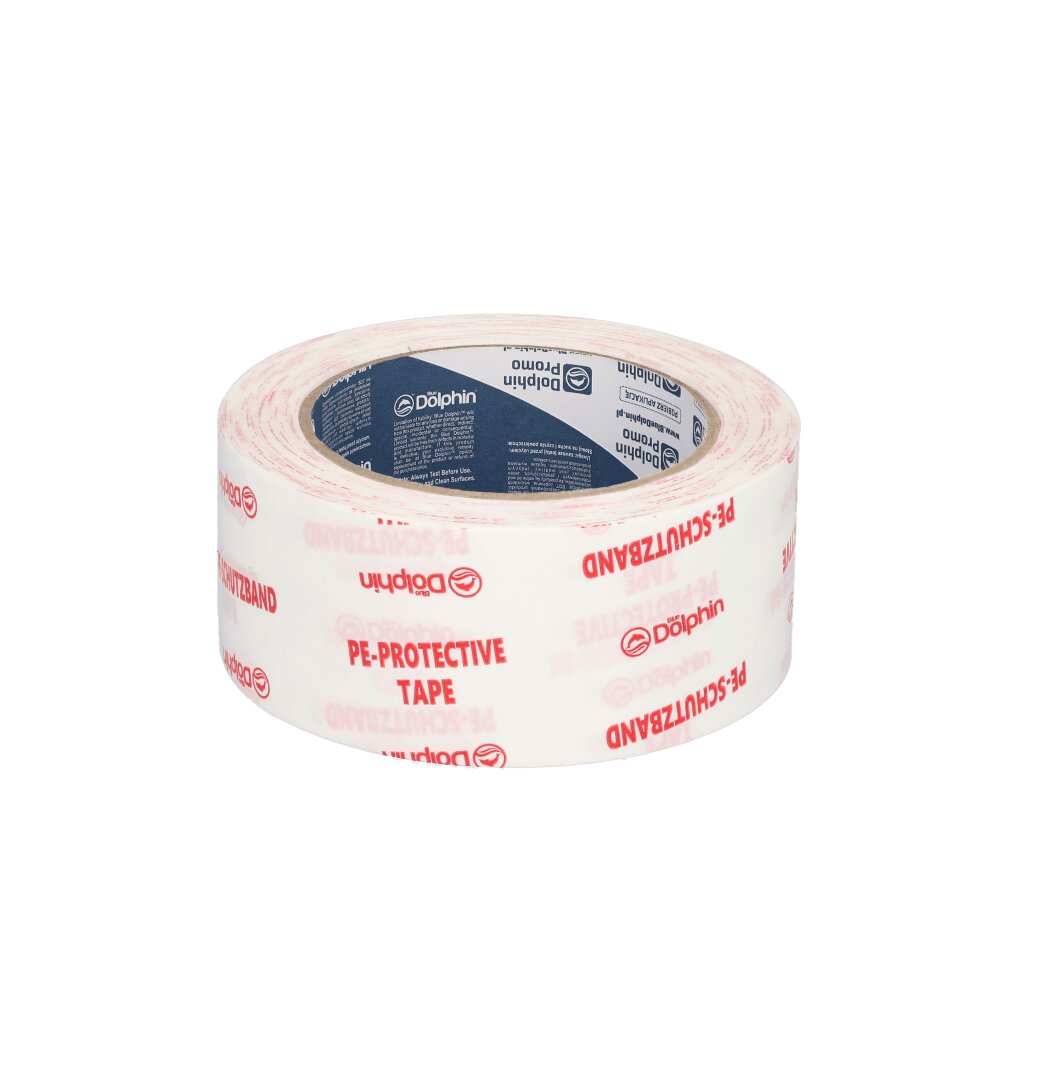 Eine Rolle transparentes PE-Schutzband mit rotem Text und Markenzeichen, präsentiert vor einem schlichten weißen Hintergrund.