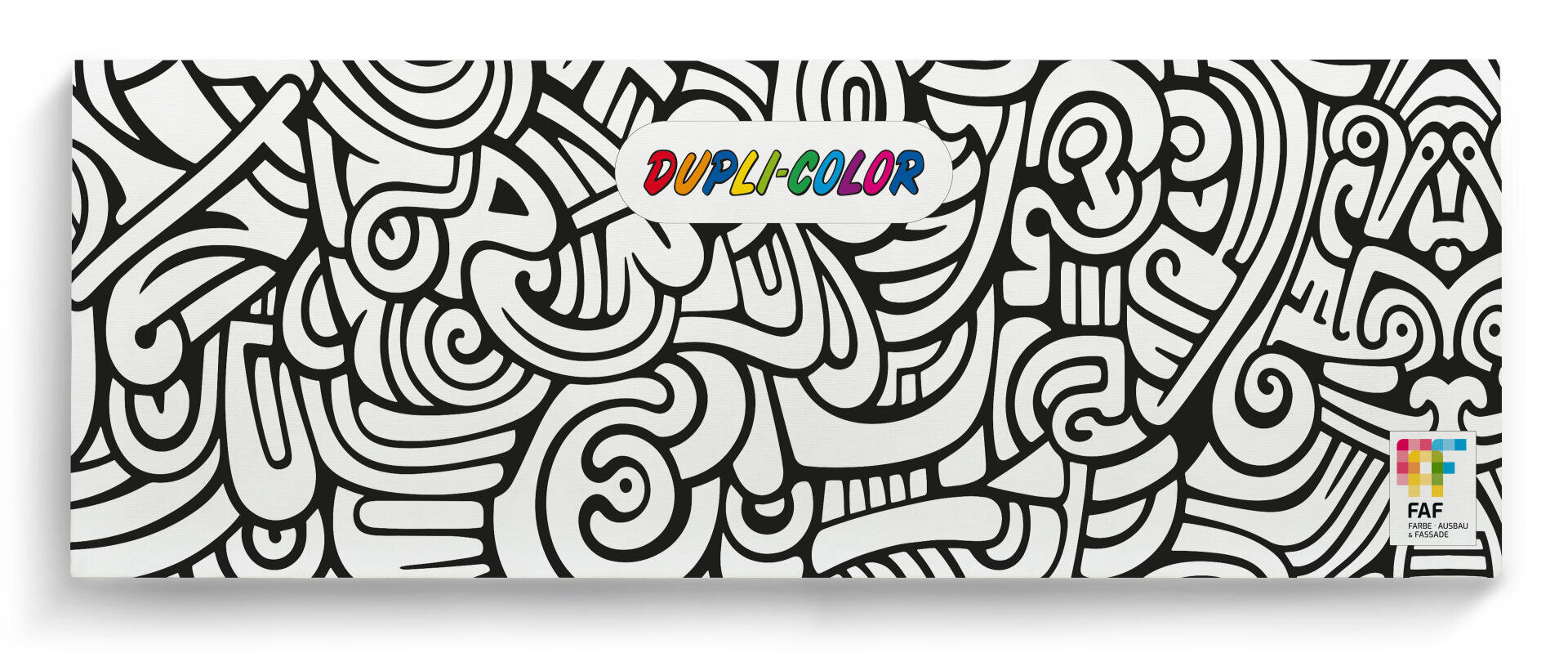 Abstrakte schwarz-weiße Kritzelkunst mit wirbelnden, geometrischen und gesichtsähnlichen Mustern; DUPLI-COLOR in Regenbogenbuchstaben in der Mitte; ein buntes FAF-Logo in der unteren rechten Ecke.