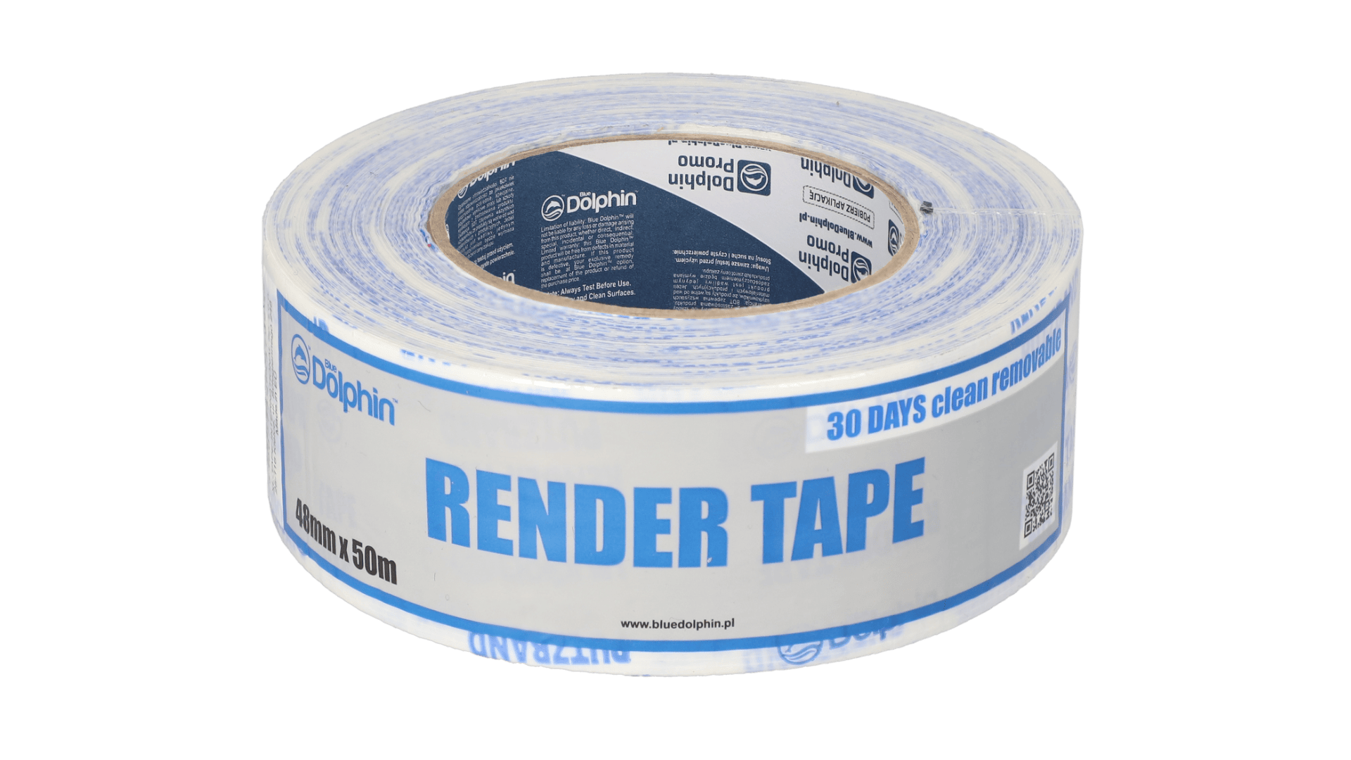 Eine Rolle Putzband mit der Aufschrift „Dolphin Render Tape“ und den Abmessungen 48 mm x 50 m, mit blau-weißem Markenzeichen und Text, der angibt, dass es sich innerhalb von 30 TAGEN sauber entfernen lässt.