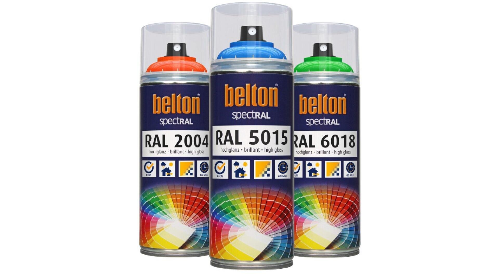 Three cans of Belton Spectral spray paint are displayed, labeled RAL 2004 (orange), RAL 5015 (blue), and RAL 6018 (green), with colorful graphics and icons on the labels.