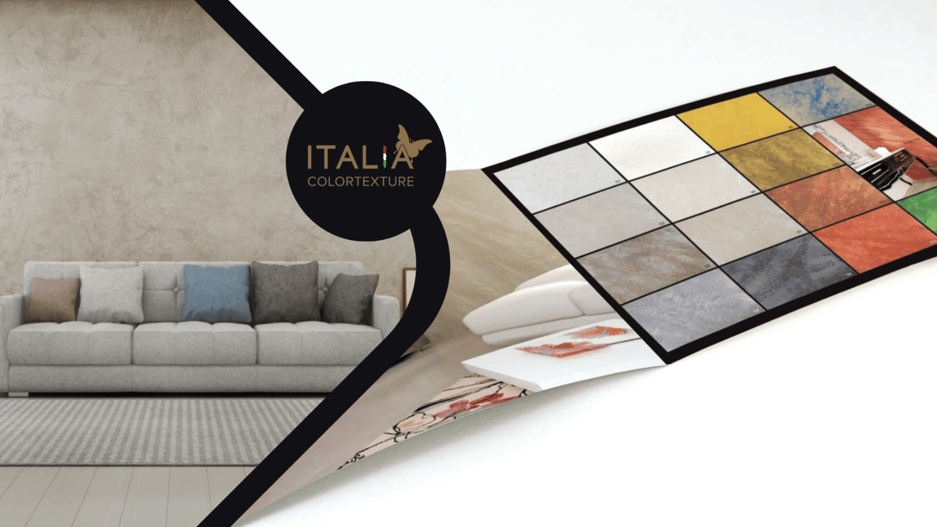 Modern living room with a gray sofa and neutral wall on the left; on the right, an open catalog displaying various textured color samples under the Italia Colortekture logo.