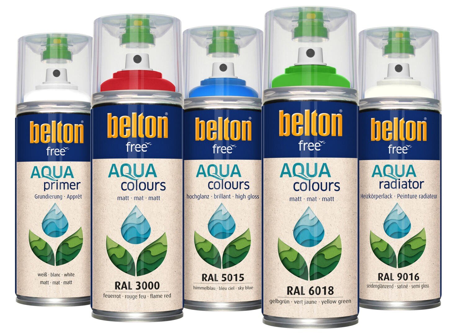 Fünf Belton Aqua-Sprühdosen stehen nebeneinander, jede mit unterschiedlichen Farben und Zwecken beschriftet, darunter Grundierung, roter, blauer, grüner und weißer Heizkörperlack, alle mit durchsichtigen Kappen und grünen Sprühdüsen.