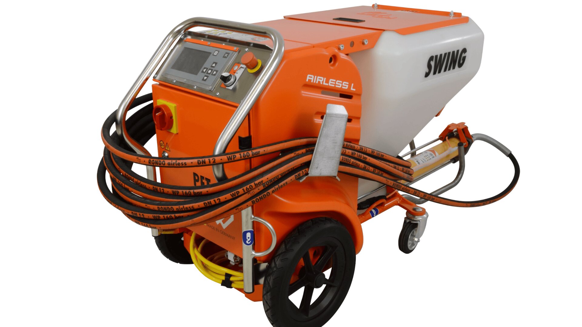 Eine orange-weiße Industriemaschine mit der Bezeichnung SWING AIRLESS L mit Bedienfeld, Schläuchen, großen Rädern und einem Griff, konzipiert für Sprüh- oder Beschichtungsanwendungen.