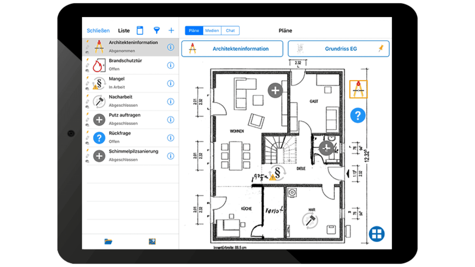 A tablet screen displays a floor plan with icons marking specific issues. A sidebar on the left lists tasks such as fire protection and deficiencies, with their statuses shown. Blue and yellow buttons appear at the top for plan options.
