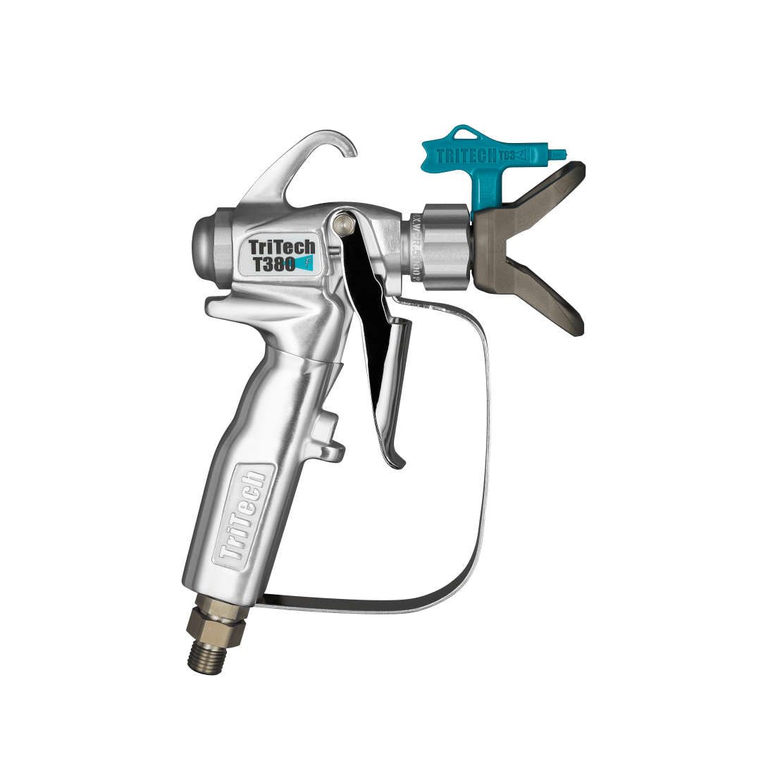 A silver TriTech T380 paint spray gun with a black trigger and a blue spray tip, shown isolated on a transparent background.