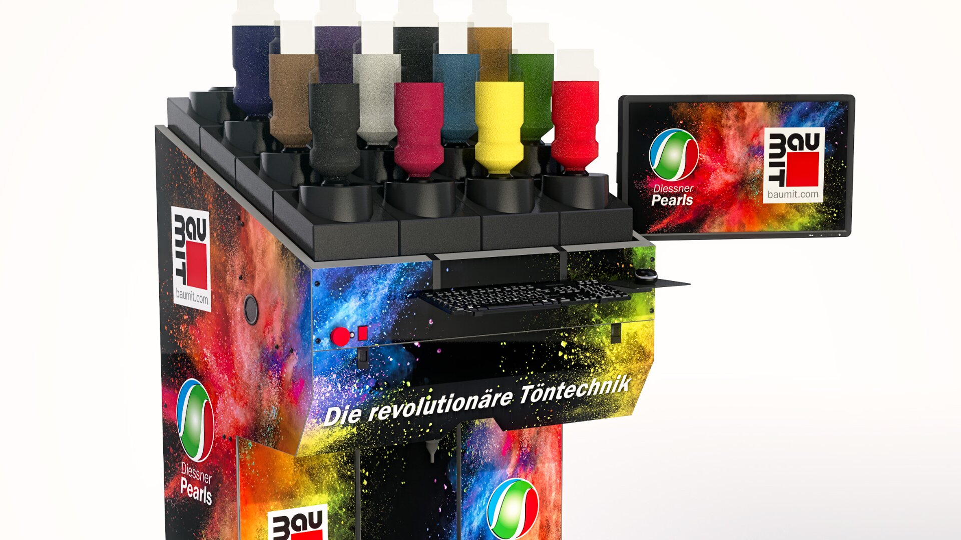 Eine bunte Maschine mit mehreren Farbspendern, einer Tastatur und einem Monitor, auf dem das Baumit-Logo und "Design Pearls" zu sehen sind. Die Maschine ist auf Deutsch mit "Die revolutionäre Töntechnik" beschriftet.