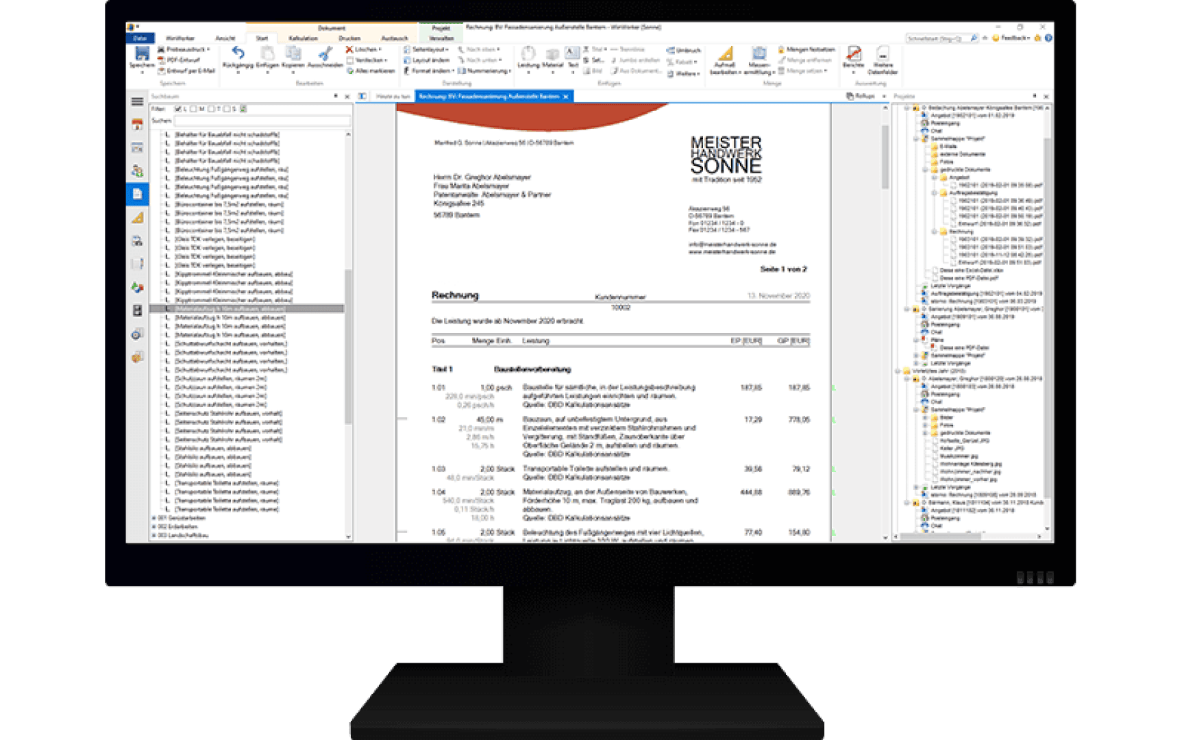 Auf einem Computerbildschirm wird ein E-Mail-Client mit der Vorschau eines Rechnungsdokuments angezeigt. Im linken Bereich werden E-Mail-Ordner angezeigt; in der Mitte die Rechnung; im rechten Bereich wird eine detaillierte Ordnerstruktur angezeigt.