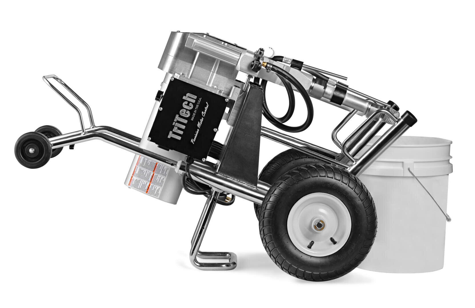 A portable TriTech paint sprayer with large wheels is positioned against a white five-gallon bucket, featuring a hose and spraying mechanism attached to the machine.
