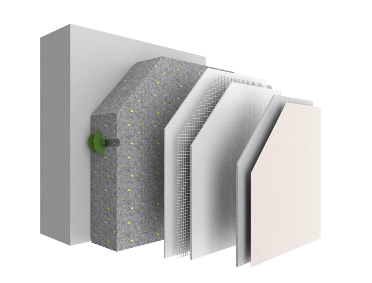 Exploded view of a wall insulation system, showing multiple layers: a solid base, gray insulation with yellow dots and a green plug, mesh, and two outer white panels, each layer slightly separated.