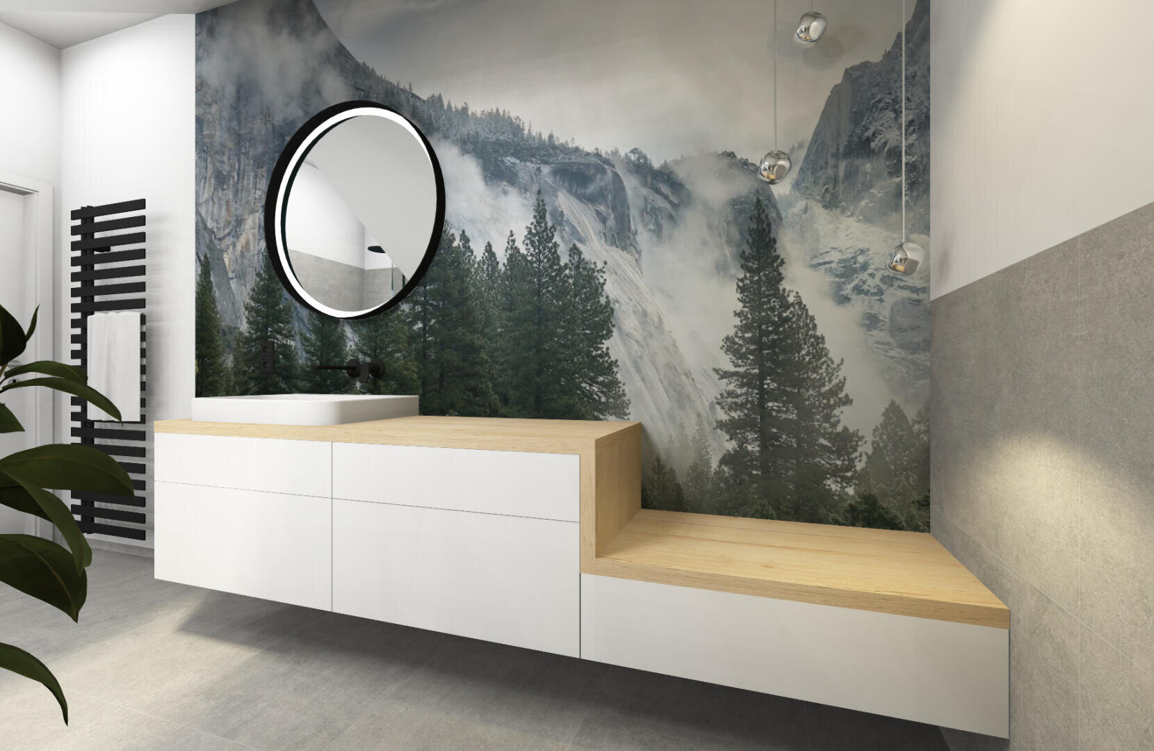 Modernes Badezimmer mit schwebendem weißen Waschtisch, rundem Spiegel und Holzarbeitsplatte. An der Wand befindet sich ein großes Wald- und Berggemälde mit Hängelampen und Handtuchhalter. Minimalistisches und naturinspiriertes Design.