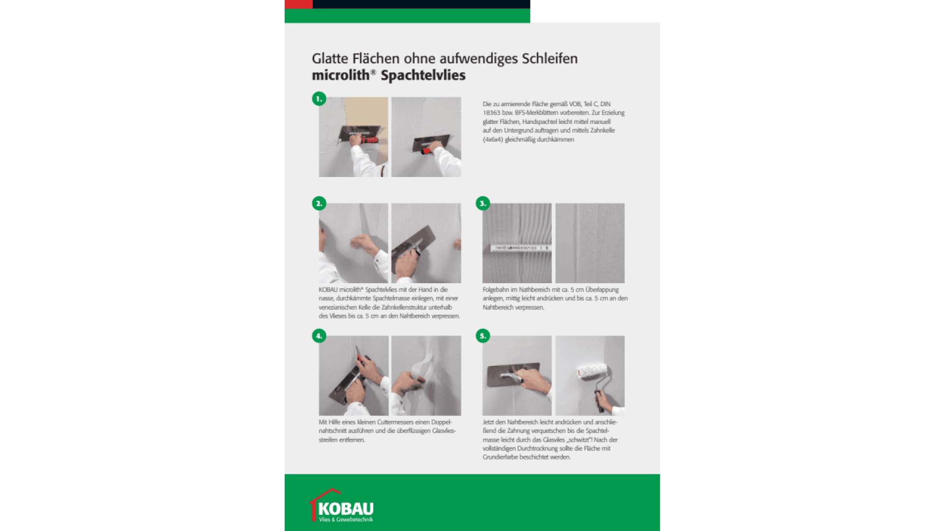 Instructional guide in German with six steps and photos, showing how to use microlith® Spachtelvlies for smooth wall surfaces; includes images of hands applying and smoothing material on a wall with tools and a roller.
