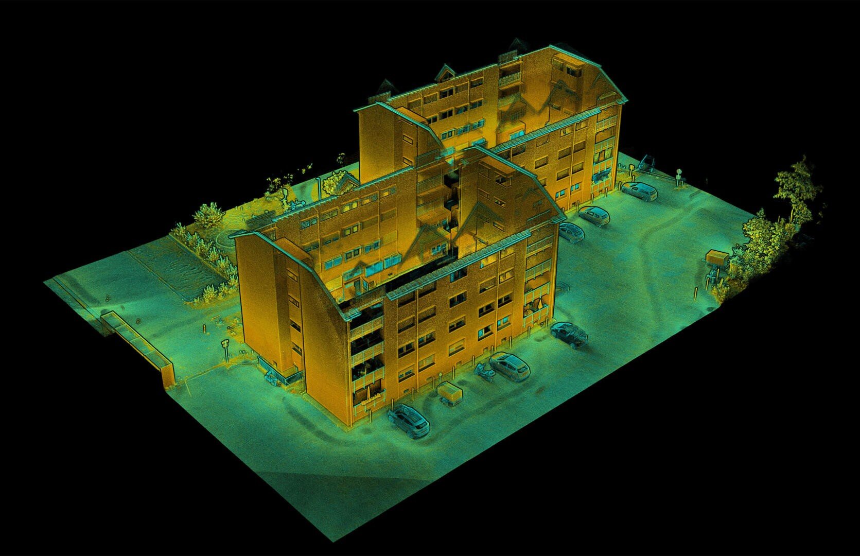 Ein 3D-gerendertes, farbcodiertes Modell eines Wohnkomplexes mit geparkten Autos, Wegen und Landschaftsgestaltung, aus erhöhter Perspektive vor schwarzem Hintergrund dargestellt.