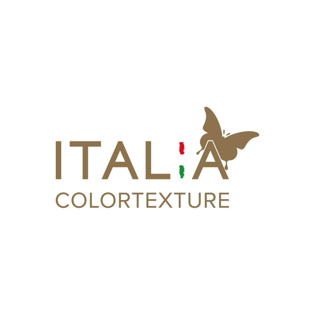 Logo with the word ITALIA in gold letters, a butterfly perched on the final A, and COLORTEXTURE below. The letter I in ITALIA features the colors of the Italian flag: green, white, and red.