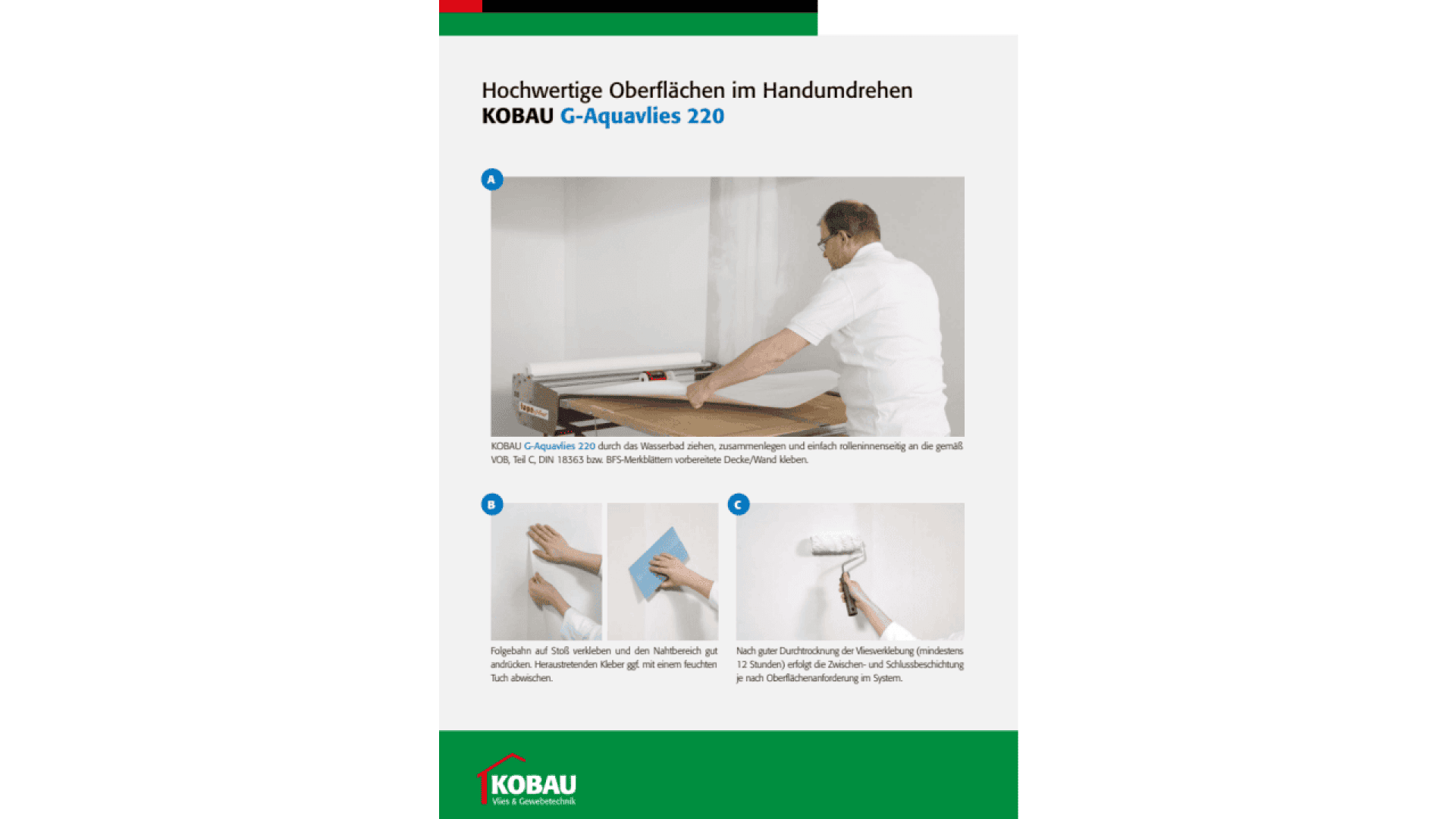 A man applies wallpaper to a wall using a tool, with instructions and product information for KOBAU G-Aquavlies 220. Below, three steps show cleaning, pasting, and rolling the wall.