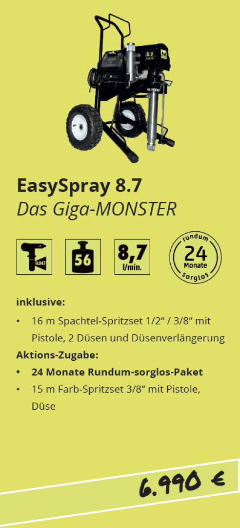 Eine schwarze EasySpray 8.7 Farbspritzmaschine mit großen Rädern und angeschlossenen Schläuchen, dargestellt über Produkteigenschaften, Lieferumfang und einem Preis von 6.990 € auf gelbem Hintergrund.