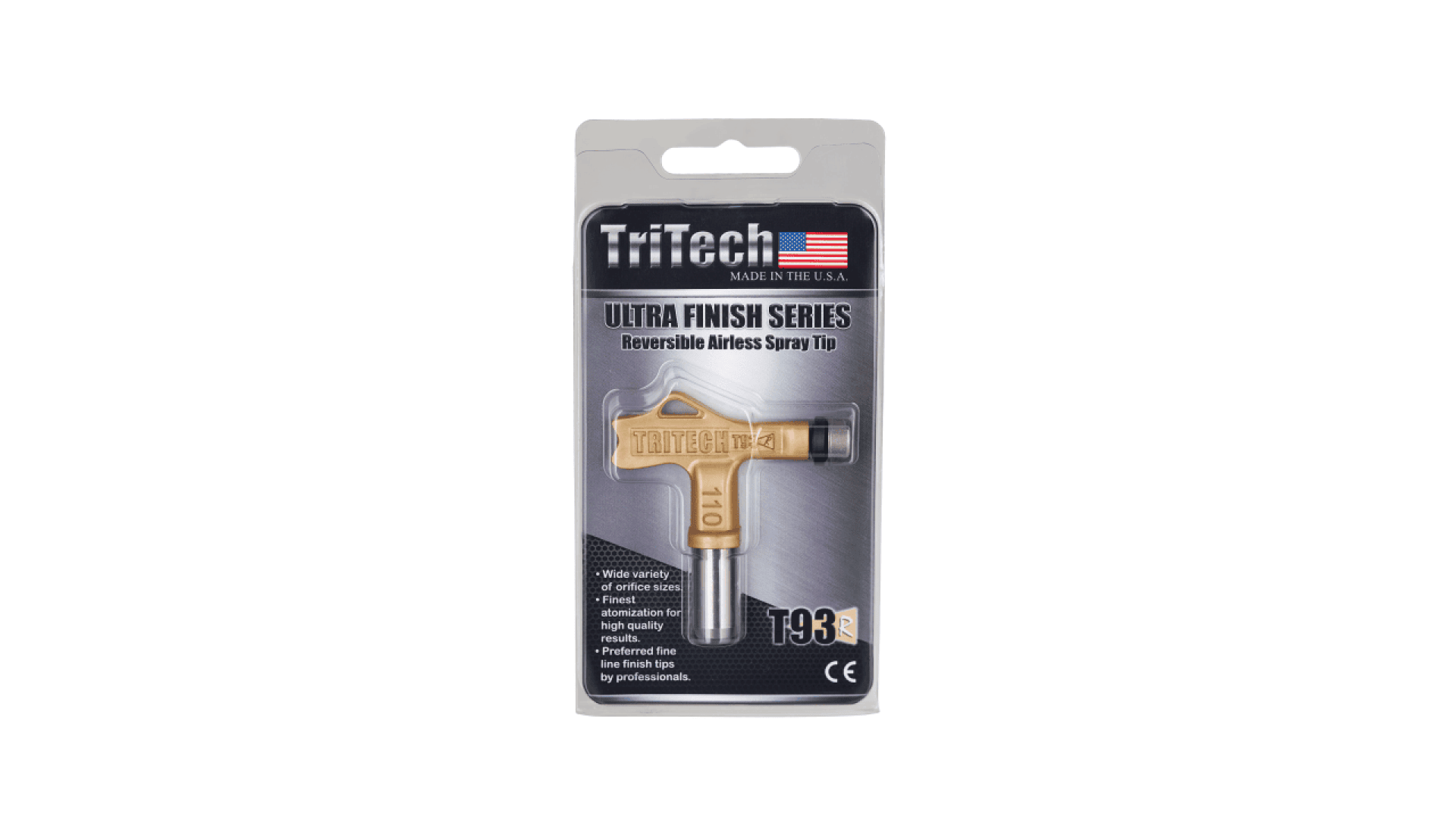 Die umkehrbare Airless-Spritzdüse der TriTech Ultra Finish-Serie ist in einer Einzelhandelsverpackung erhältlich. Sie verfügt über eine goldene Spitze mit den Aufschriften „110“ und „T93R“. Auf der Verpackung steht „Made in USA“ und es werden Produktmerkmale hervorgehoben.