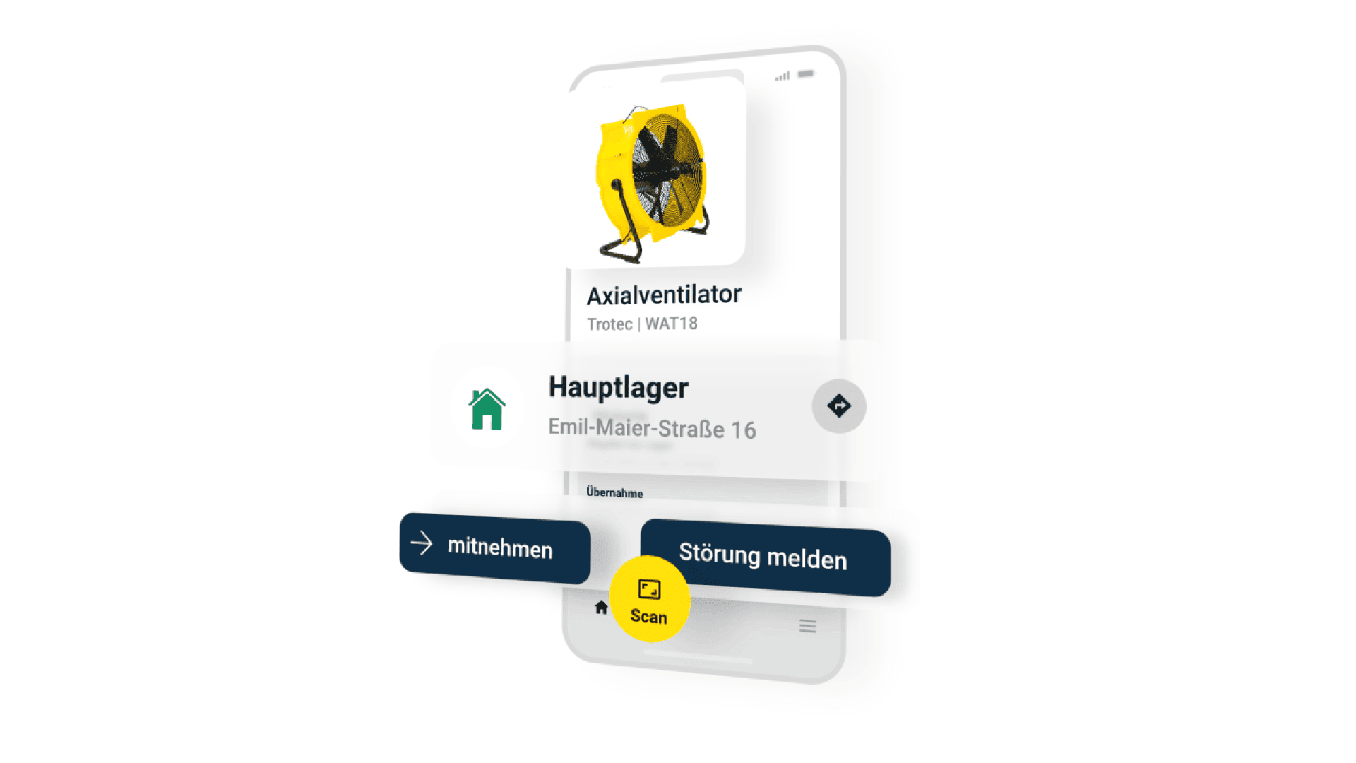 A digital interface shows an axial ventilator with the text Hauptlager, Emil-Maier-Straße 16 and options to mitnehmen, Störung melden, and Scan on a semi-transparent smartphone screen.