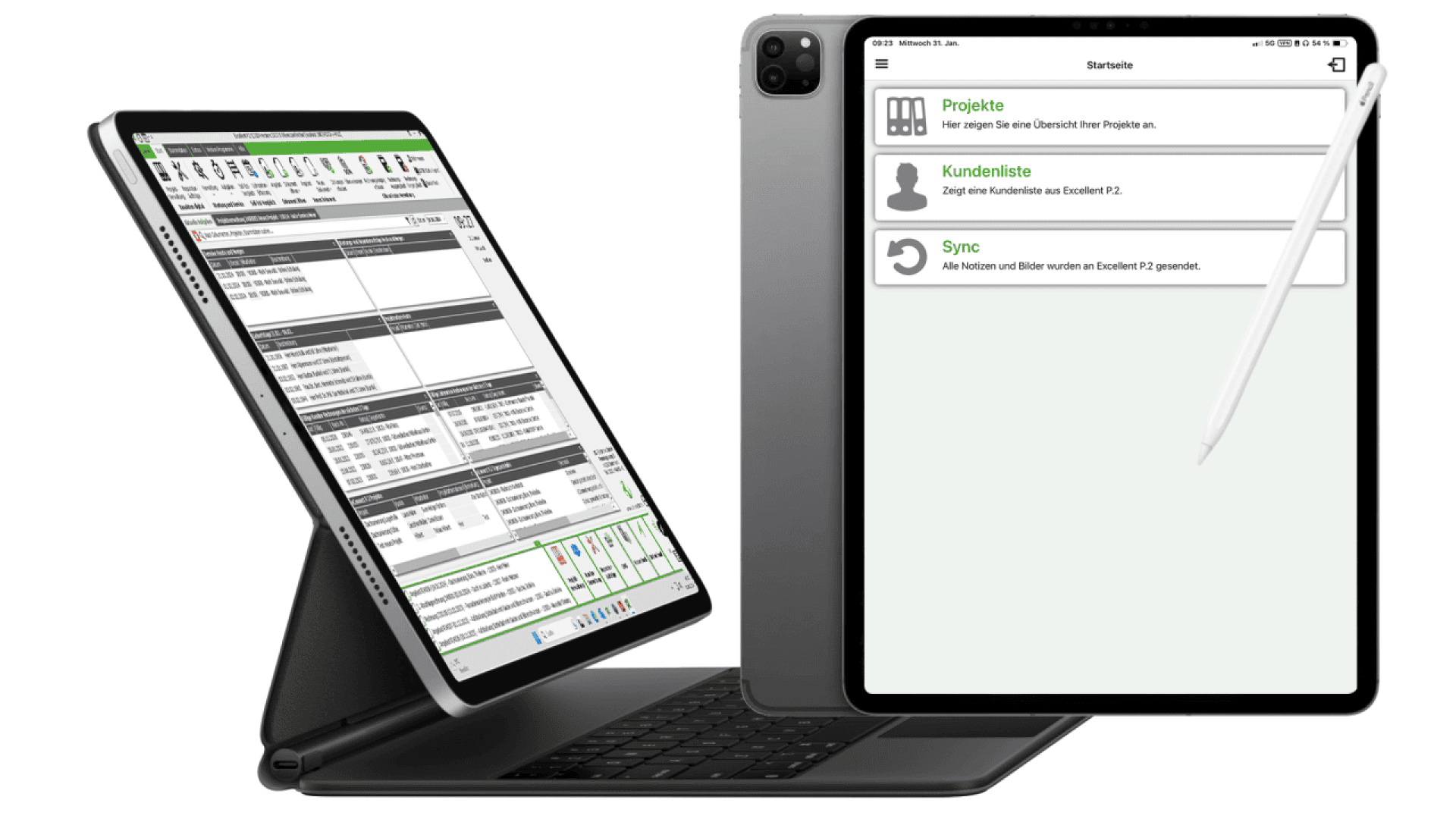 Two iPads are shown: one on a keyboard displaying a detailed spreadsheet, and the other upright with a stylus, showing a simple interface with Projekte, Kundenliste, and Sync menu options in German.