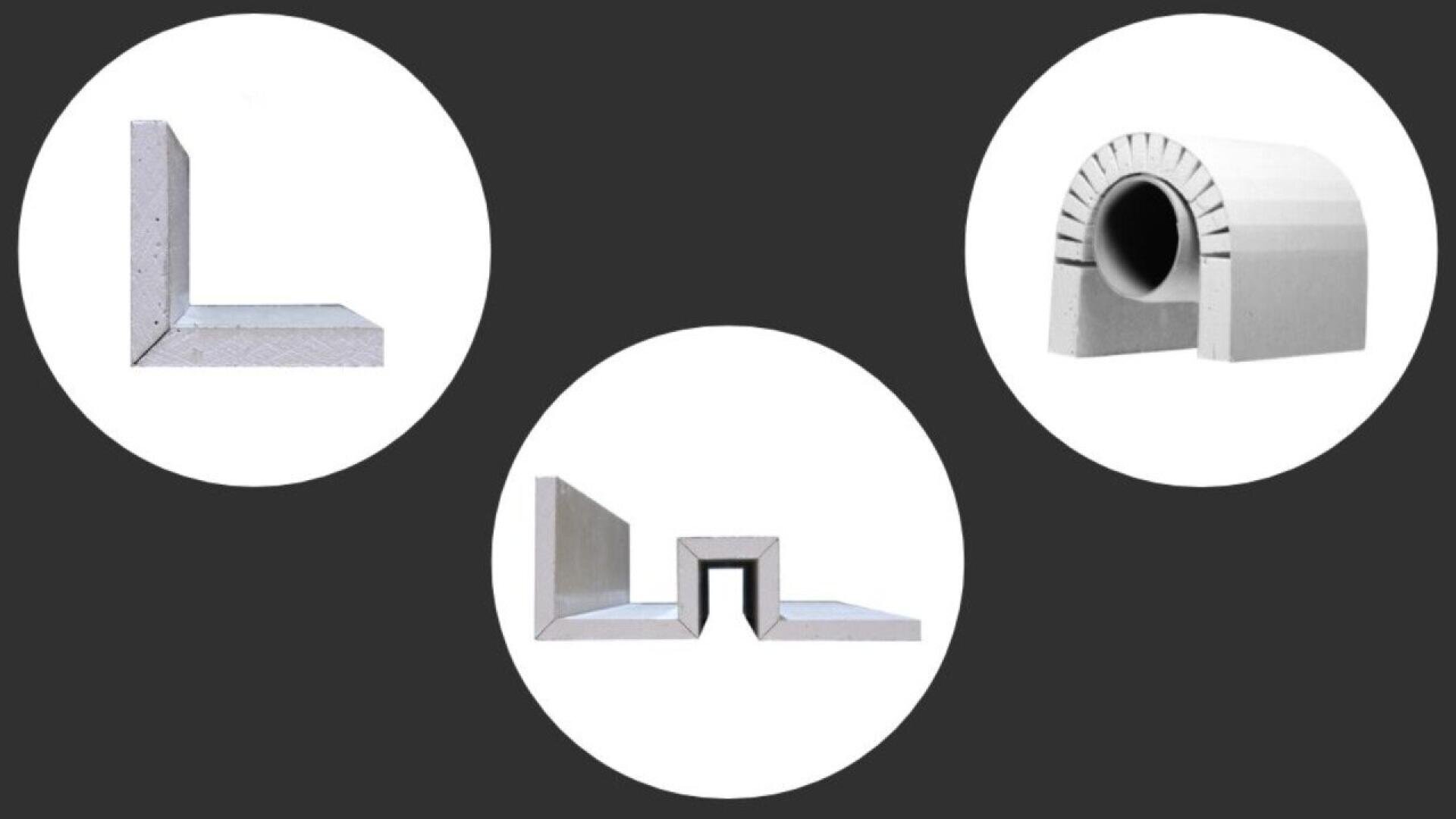 Three circular images on a dark background, each showing a different concrete structure: an L-shaped block, a U-shaped channel, and a semi-circular block with a central cylindrical opening.