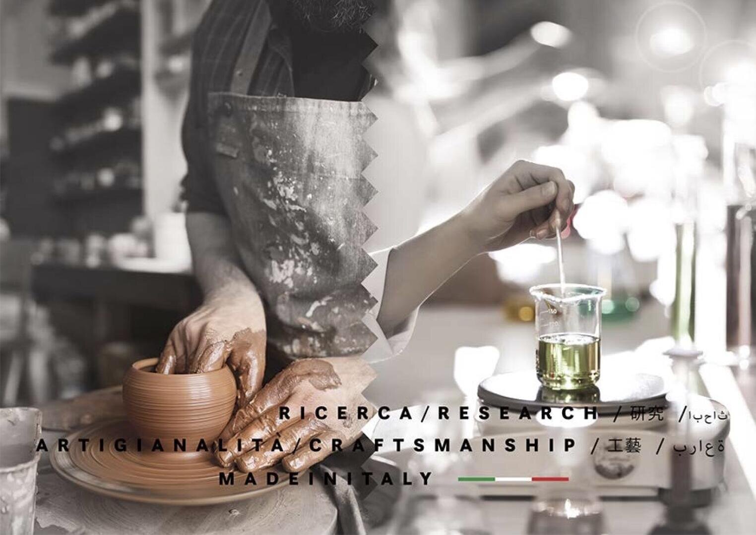 A split-image shows a person shaping clay on a pottery wheel on the left and a hand holding a stirrer in a glass beaker on the right. Text reads: RICERCA/RESEARCH, ARTIGIANALITA/CRAFTSMANSHIP, MADE IN ITALY in multiple languages.