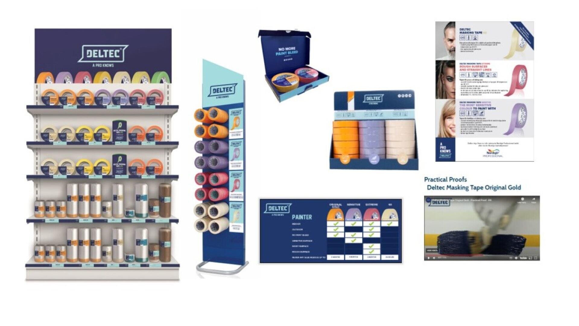 Eine Einzelhandelspräsentation mit Deltec-Abdeckbändern in verschiedenen Farben und Größen, mit Ständer, Verpackung, Produktinformationsblättern, einer Musterbox und Nahaufnahmen der Produkte auf weißem Hintergrund.