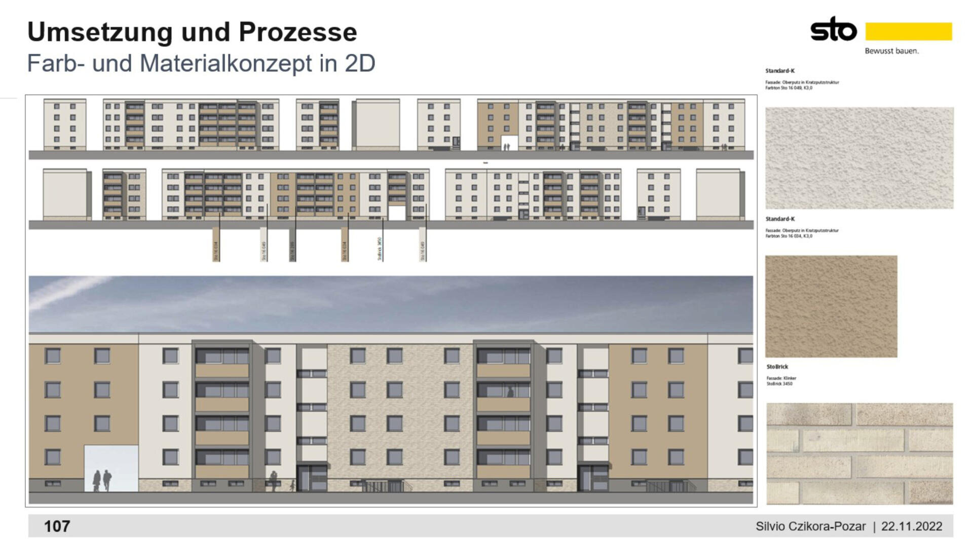 2D-Architekturansichtszeichnungen eines Wohngebäudes mit verschiedenen Fassadenfarben und -materialien, einschließlich Beige-, Hellgrau- und Ziegeltexturen, und beschrifteten Materialmustern auf der rechten Seite.
