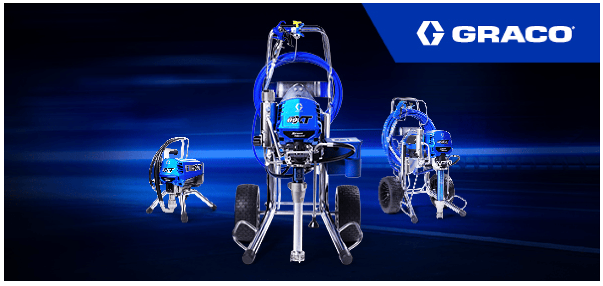 Three blue and silver Graco paint sprayers are displayed on a dark blue gradient background, with the Graco logo in the top right corner.