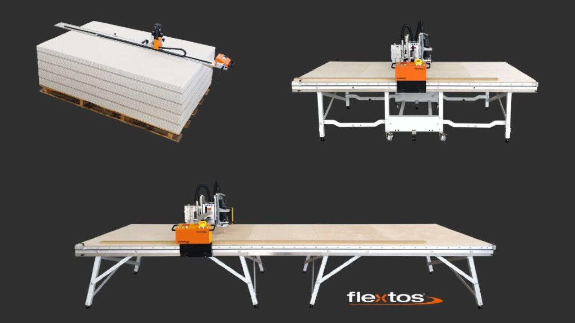 A stack of drywall panels sits on a pallet (top left), while two images show a flextos cutting machine on large tables, used for precise cutting of building panels, all on a dark background with the flextos logo.