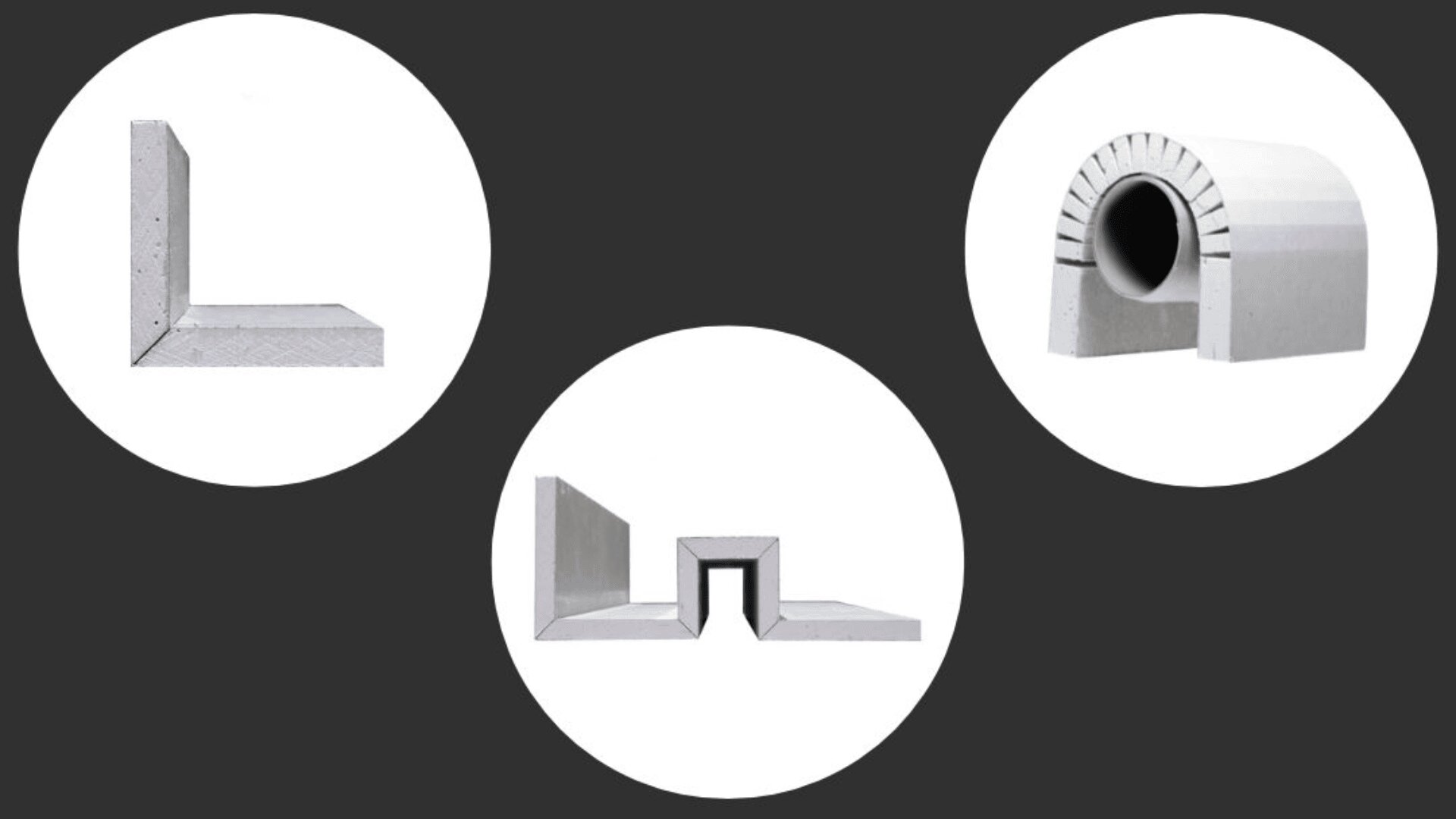 Dargestellt sind drei Arten vorgefertigter Betonkonstruktionen: ein L-förmiges Stück (links), ein U-förmiger Graben mit flacher Oberseite (unten) und ein gekrümmter Tunnelabschnitt mit einem zentralen Rohr (rechts), alle auf dunklem Hintergrund.