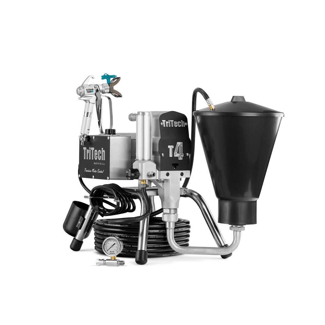 A silver and black TriTech T4 airless paint sprayer with attached hose, spray gun, pressure gauge, and a large black funnel on a white background.