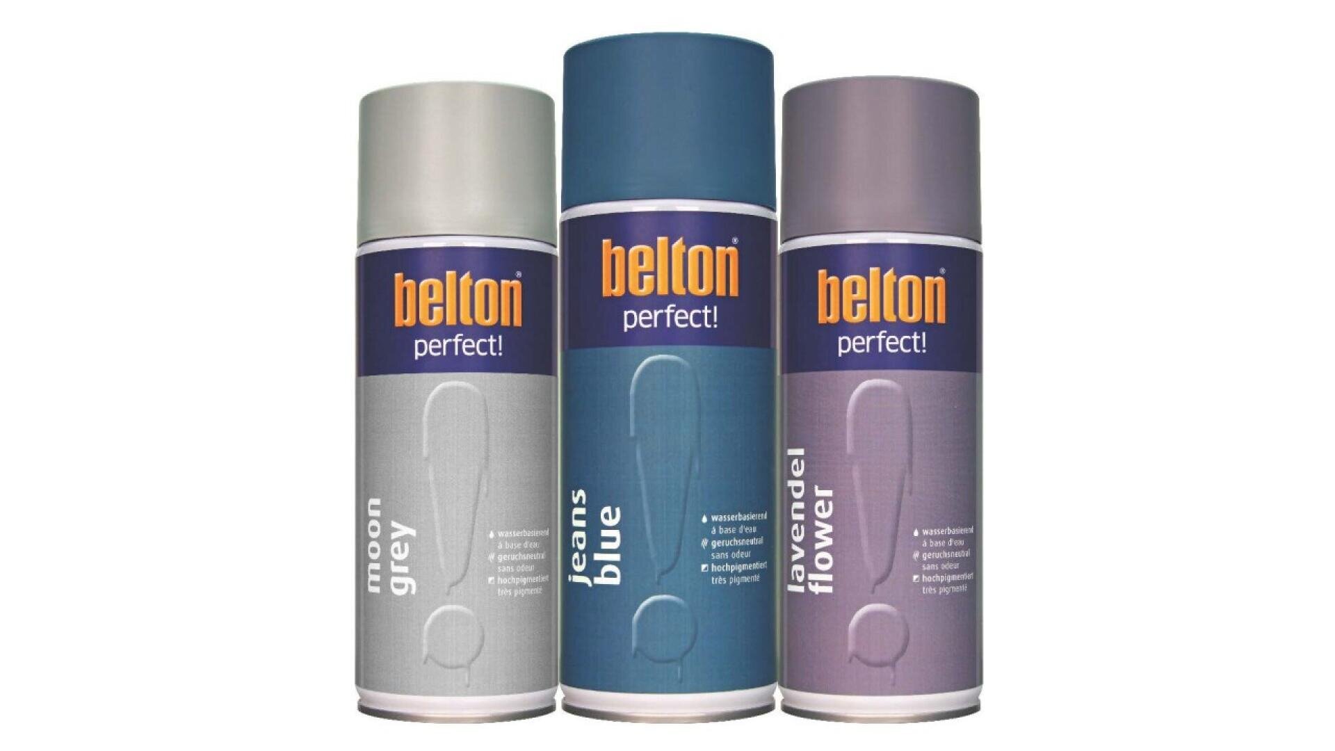 Three cans of Belton Perfect spray paint are shown, labeled “moon grey,” “jeans blue,” and “flower flower.” The cans have matching labels in grey, blue, and purple tones.