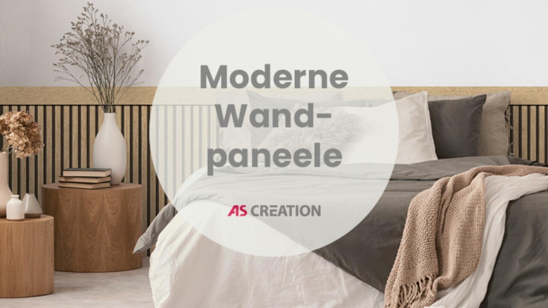 A cozy modern bedroom with a beige and gray bed, wooden side tables, vases with dried flowers, and vertical wood wall panels. Large text overlay reads Moderne Wandpaneele and AS Creation.