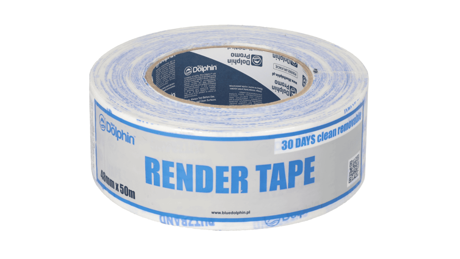 A roll of Dolphin brand render tape with blue and gray labeling, marked as 48mm x 50m and “30 days clean removal.” The tape is partially unrolled and displays website and QR code details on the label.