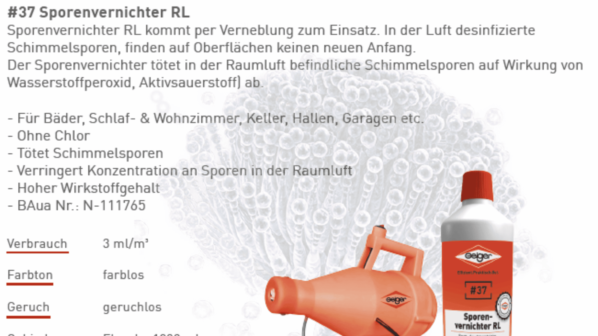 Ein Bild zeigt das Desinfektionsmittel Sporenvernichter RL mit Sprühvorrichtung und Flasche. Das Produkt ist farb- und geruchlos und dient zur Entfernung von Schimmelsporen aus der Raumluft und von Oberflächen. Der deutsche Text beschreibt seine Anwendung.