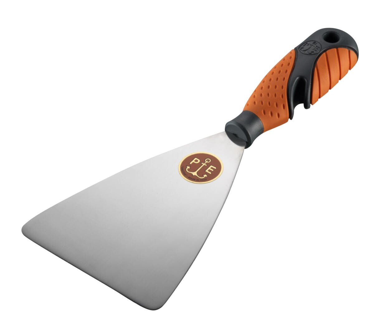 A wide metal spatula with a flat, triangular blade and an orange and black ergonomic handle, featuring a circular logo near the base of the blade.