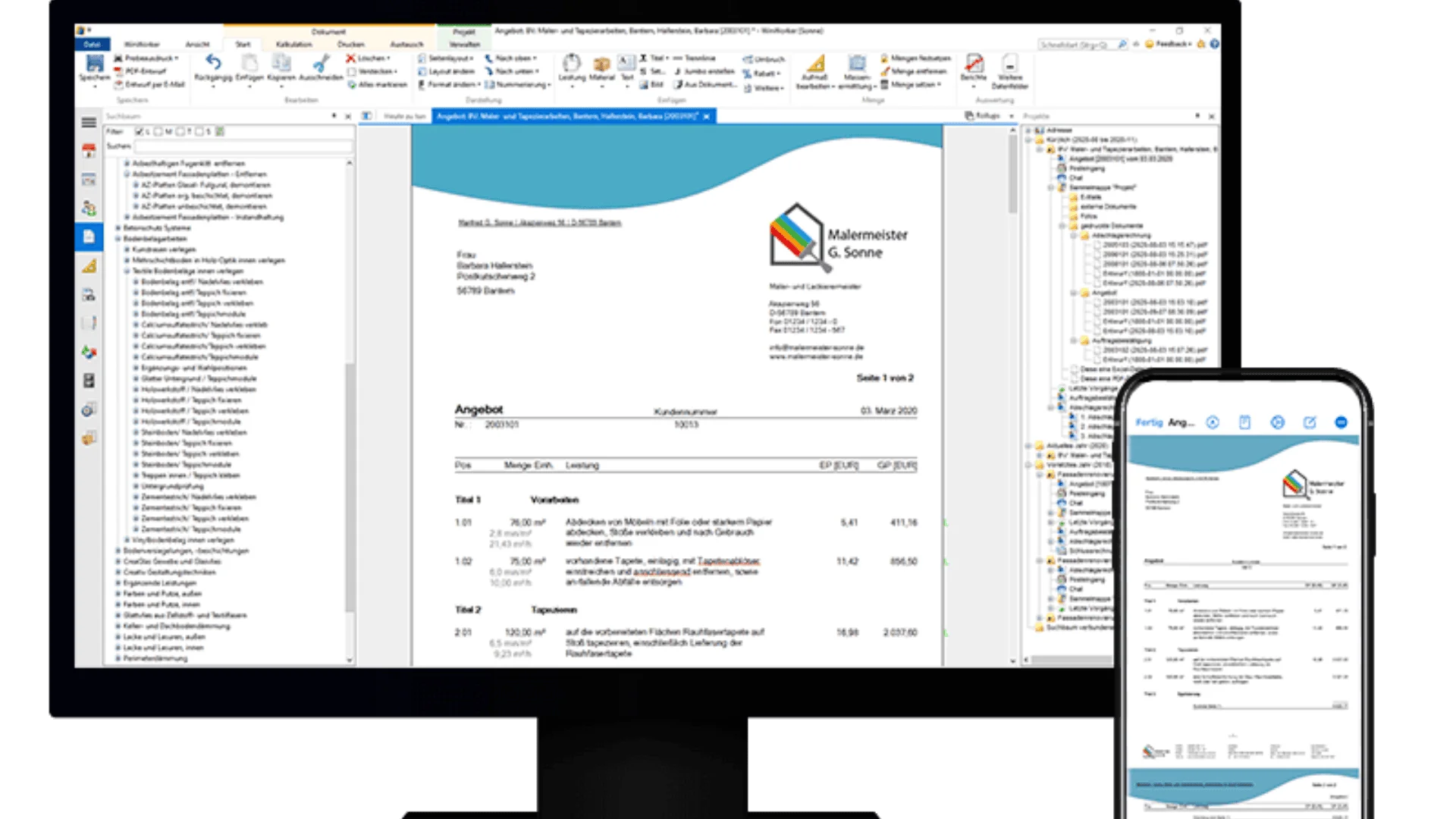 Auf einem Computerbildschirm und einem Smartphone wird ein Geschäftsdokument mit einem farbenfrohen Logo, Text und Tabellen angezeigt. Der Computerbildschirm zeigt eine geteilte Ansicht mit Ordnern und Dateien, während das Telefon das Dokument im mobilen Format anzeigt.