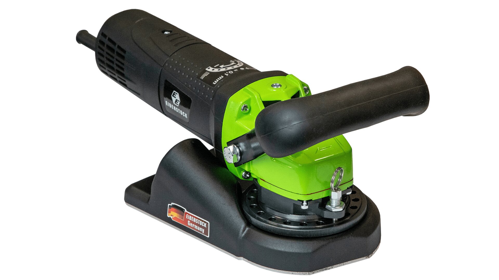 A handheld electric power tool with a black and green body, featuring a side handle and a circular base, designed for sanding or grinding surfaces.