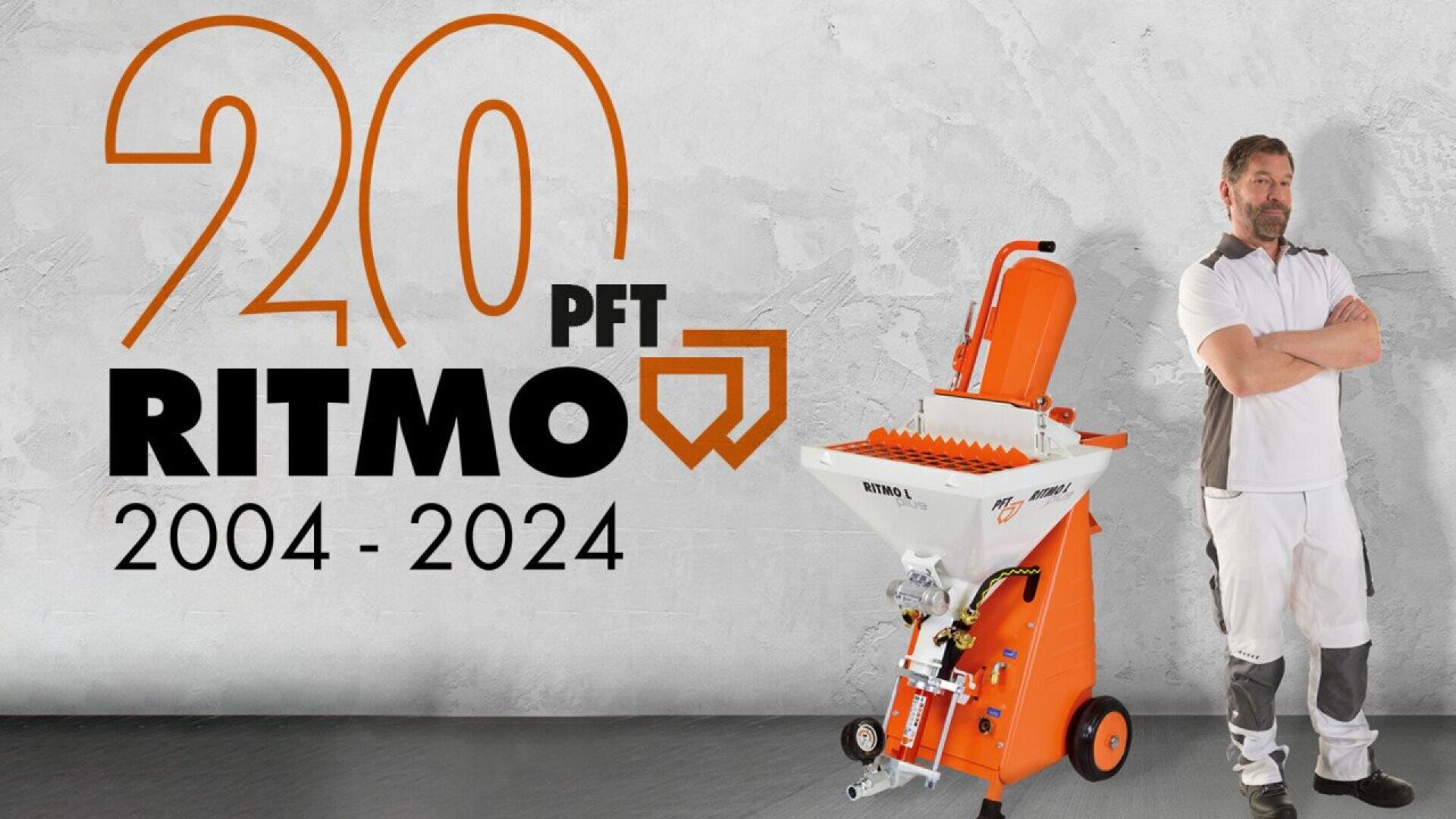 A man in work clothes stands next to an orange construction machine with 20 PFT RITMO 2004-2024 written on a gray wall in the background, marking the 20th anniversary of the Ritmo product.