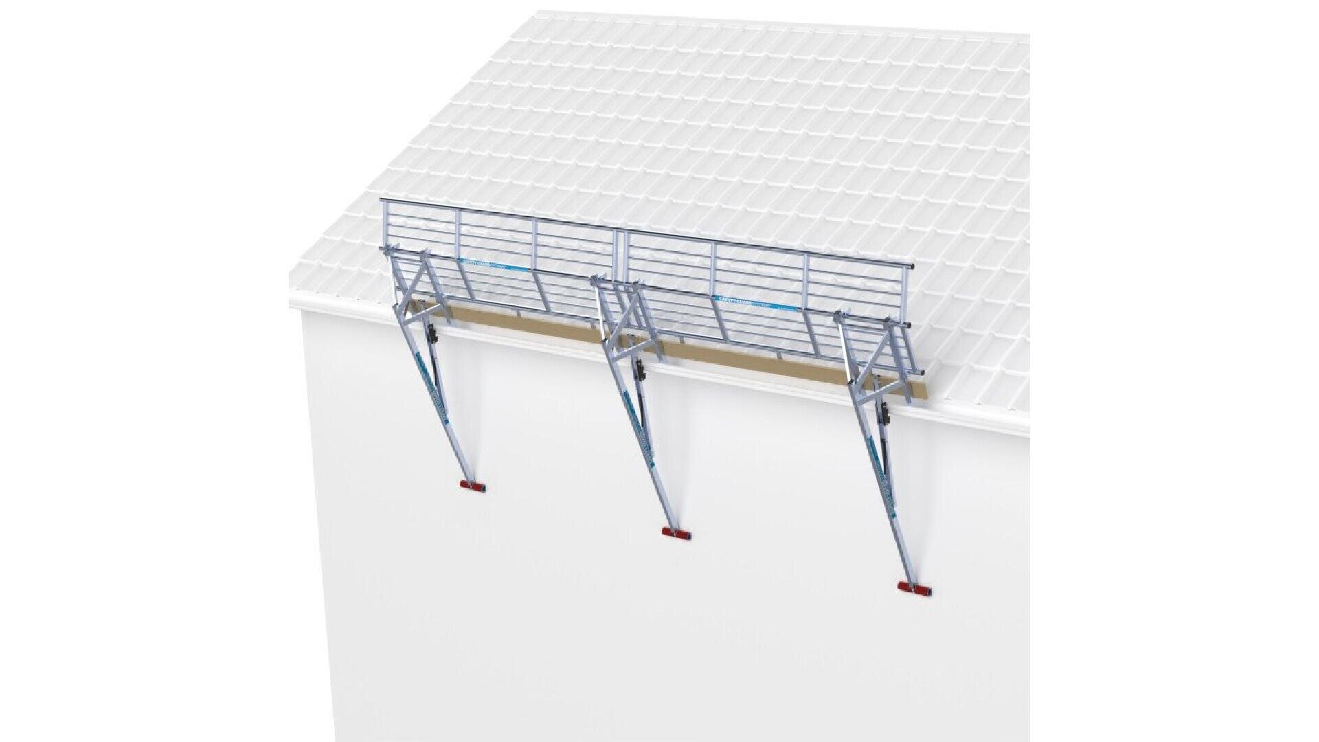 A metal roof guardrail system is installed along the edge of a sloped white roof, supported by angled brackets attached to the side of the building for safety and fall protection.