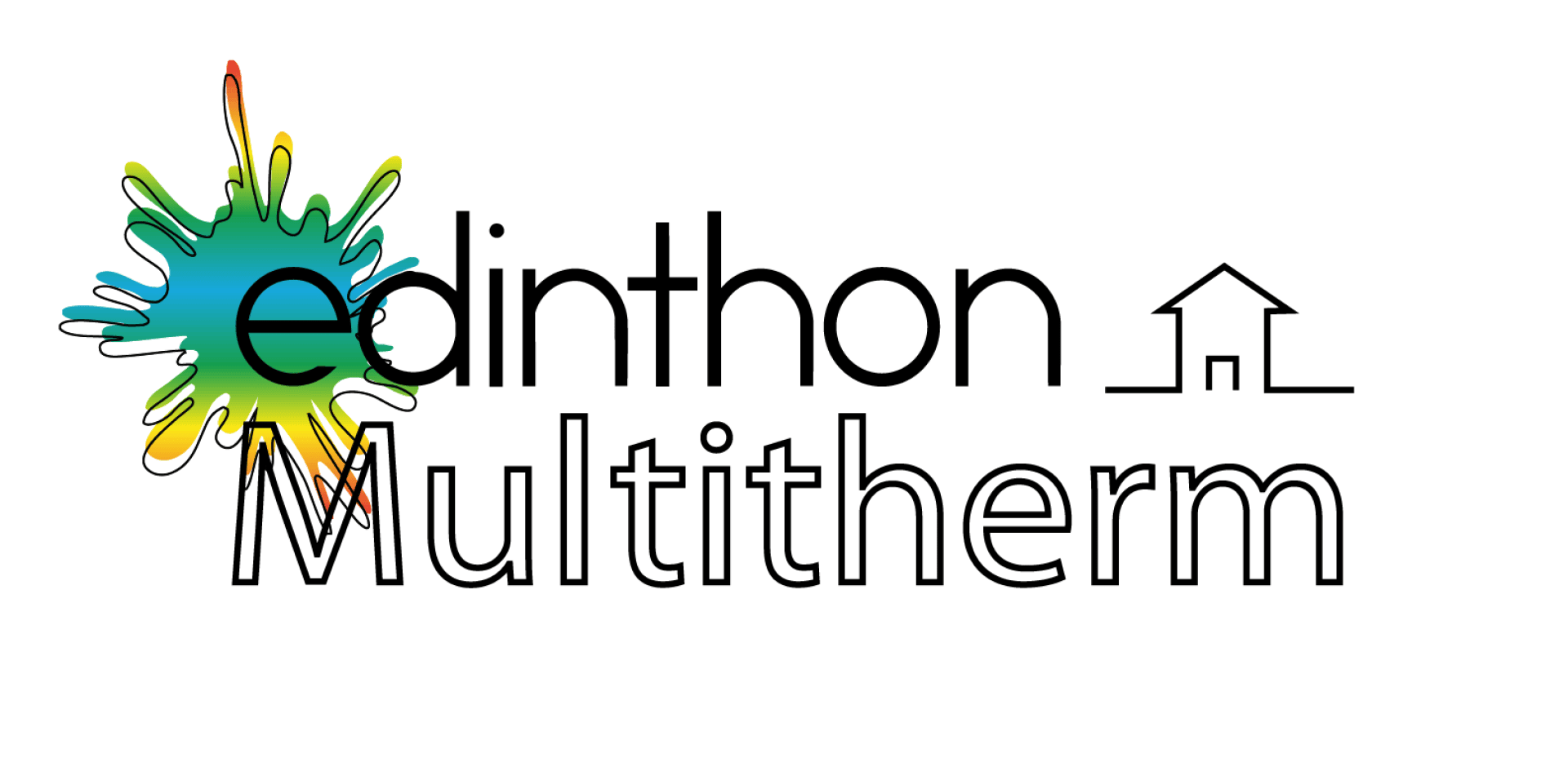 Logo mit buntem Farbspritzer links und dem Text „Edinthon Multitherm“ in schwarzer, stilisierter Schrift. Das „i“ in „Edinthon“ ist gelb hervorgehoben, und über „Multitherm“ befindet sich eine kleine Hausumrisslinie.