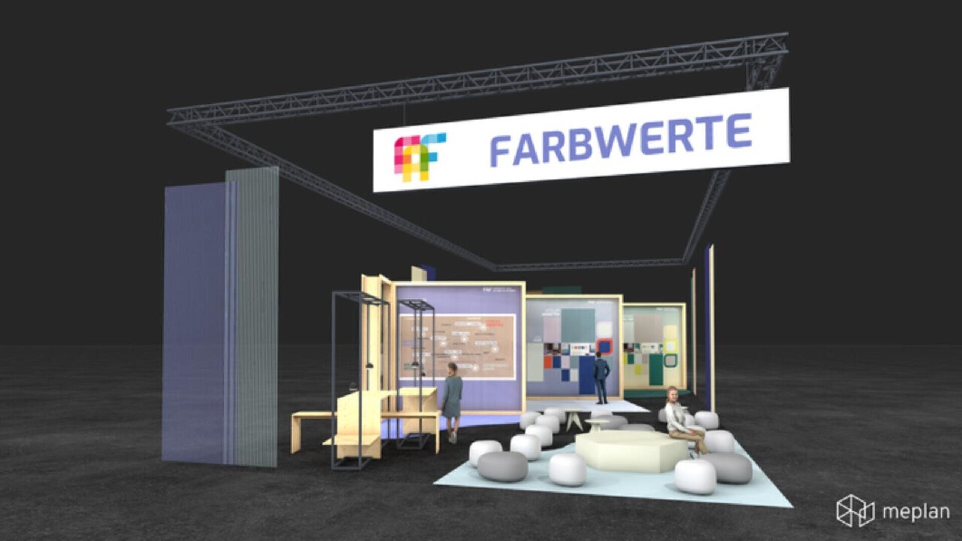 A modern exhibition booth with FARBWERTE signage, featuring colorful panels, modular furniture, and people interacting in the space. The setting is indoors with a dark floor and background.