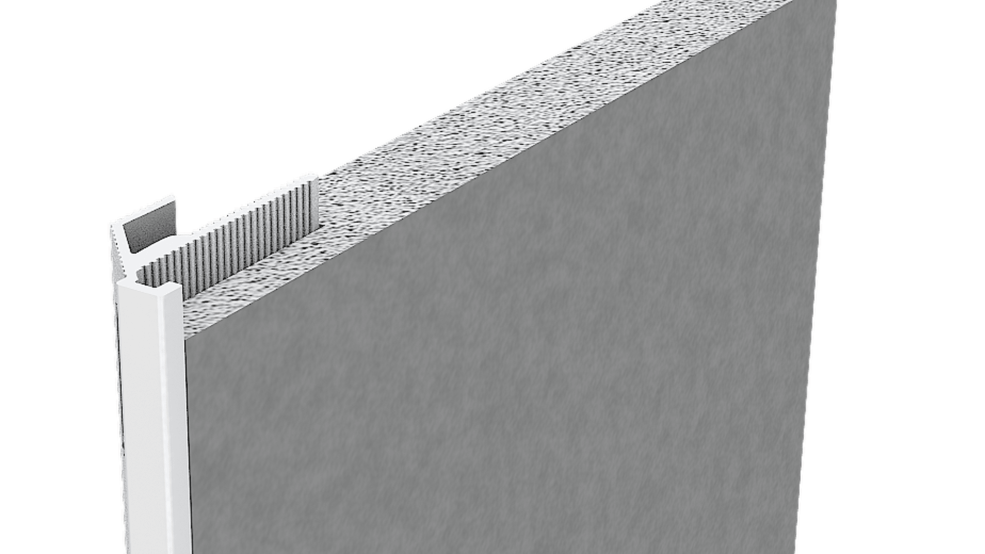 Eine Querschnittsdarstellung eines grauen Wandpaneels mit strukturiertem Kern und einer weißen, gerillten Kantenverkleidung, die vertikal entlang einer Seite angebracht ist.
