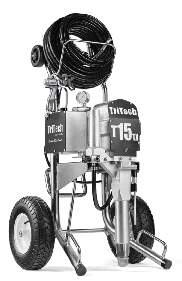 A TriTech T15 TX airless paint sprayer with large wheels, a metal frame, hose reel with black hose, pressure gauge, and labeled components, designed for professional painting jobs.