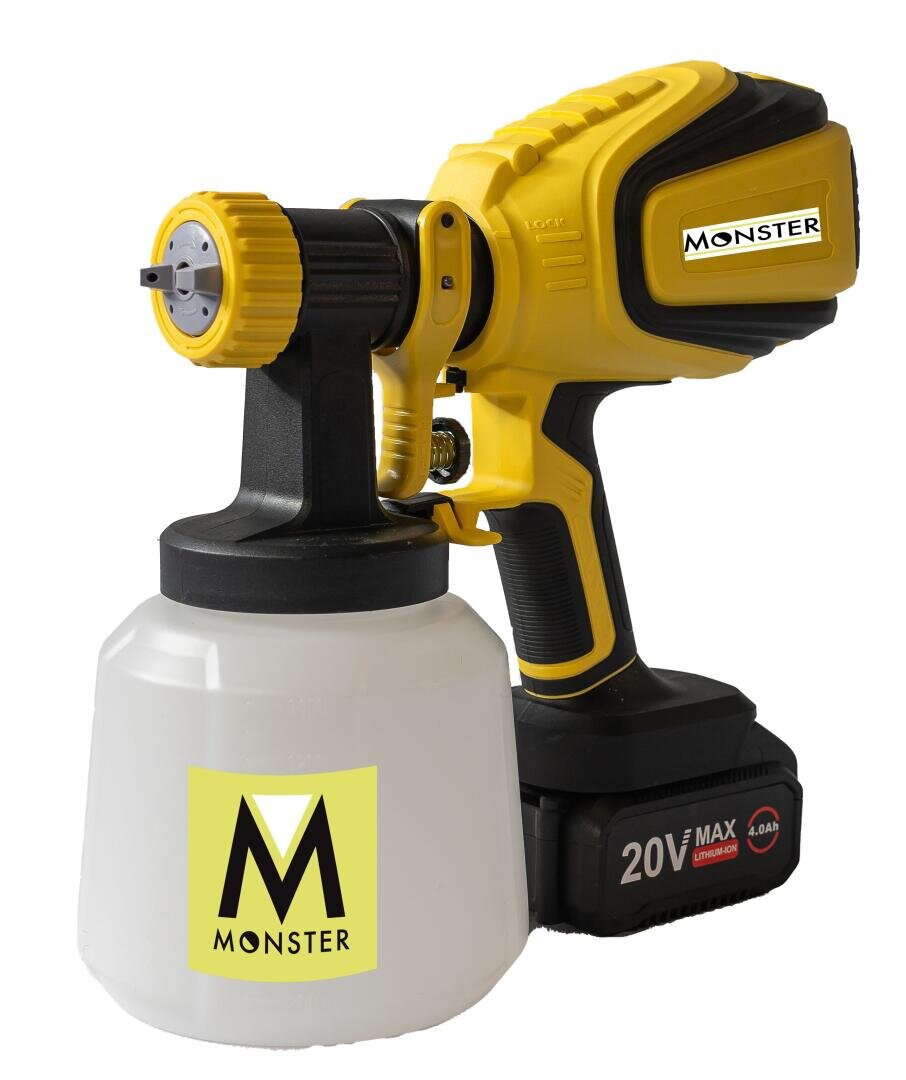 Ein gelb-schwarzes Handfarbsprühgerät mit der Aufschrift „Monster“, einem großen weißen Farbbehälter und einer an der Basis befestigten 20-V-MAX-Lithiumbatterie.