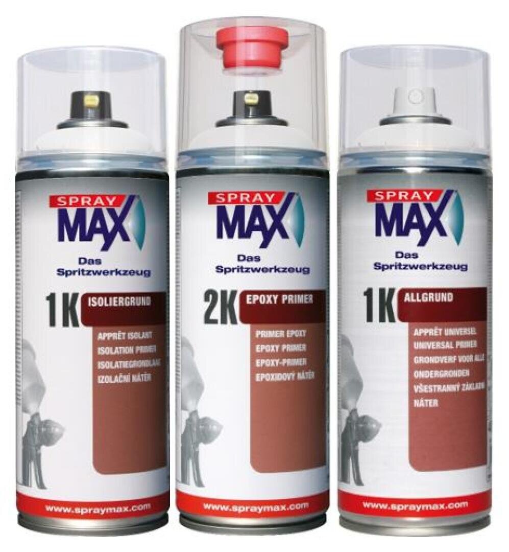 Drei SprayMax-Aerosol-Grundierungsdosen mit deutscher Beschriftung: 1K Isoliergrund, 2K Epoxy Primer und 1K Allgrund. Jede Dose hat einen anderen Deckel in den Farben Schwarz, Rot und Grau.