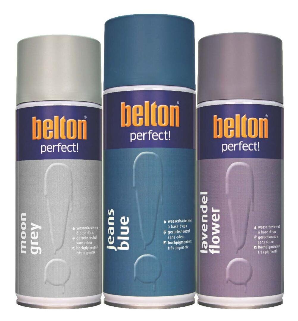 Abgebildet sind drei Dosen Belton Perfect! Sprühfarbe: eine in Mondgrau, eine in Jeansblau und eine in Lavendelblüte. Jede Dose ist mit dem Farbnamen beschriftet und hat einen farblich passenden Deckel.