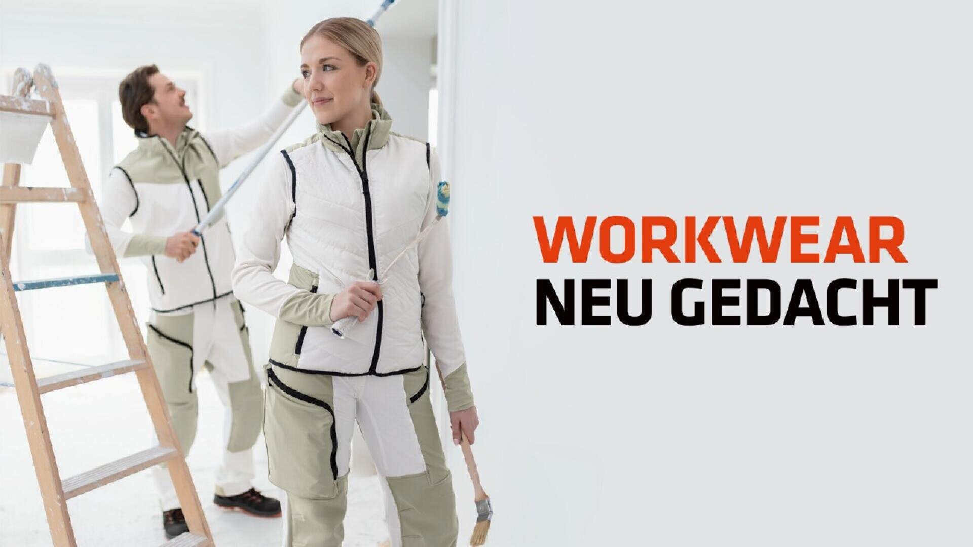 Two people in light-colored workwear paint a white wall; one uses a roller on a ladder, the other stands holding a brush. The text reads WORKWEAR NEU GEDACHT in black and orange on a white background.